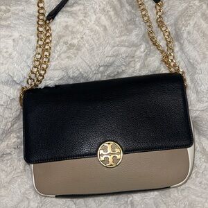 Tory Burch Black and Tan Shoulder Bag with Gold Chain